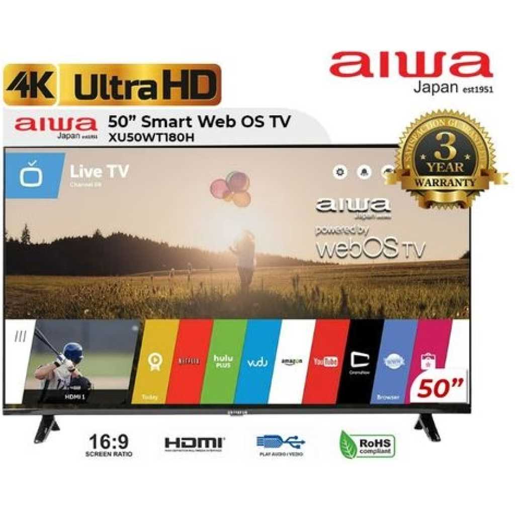 Aiwa 50-Inch UHD 4K Web OS Smart TV WS-508S, Frameless, Youtube, Netflix, Prime Video, USB, Bluetooth, HDMI, Inbuilt Free To Air Decoder - Black