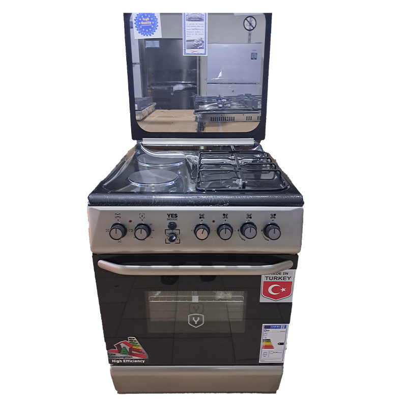 YS-6622GTG-2 YES Cooker 2- Gas Burners + 2 Electric Plates, 60x60cm YS-6622GTG; Gas Oven & Grill, Auto Ignition, Top Glass – Silver
