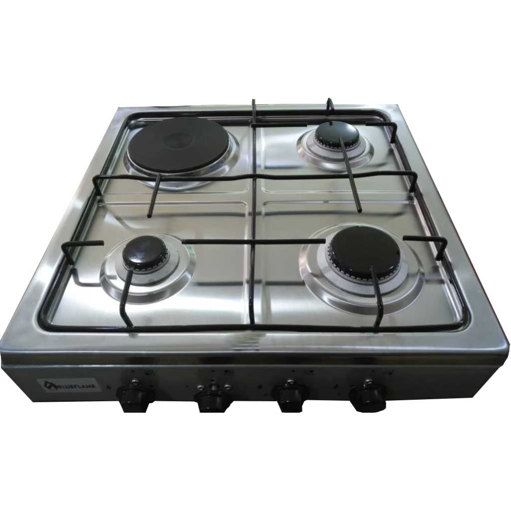 Blueflame Desktop Gas Cooker, 3 Gas + 1 Electric Plate, Auto Ignition, Combo Cooktop - Inox