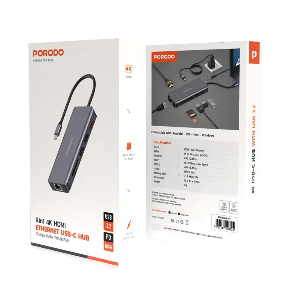 Porodo-9in1-USB-C-Hub-Type-C-PD-100W-HDMI-Ethernet-USB-SD-Card-3.5mm-Aux-Grey