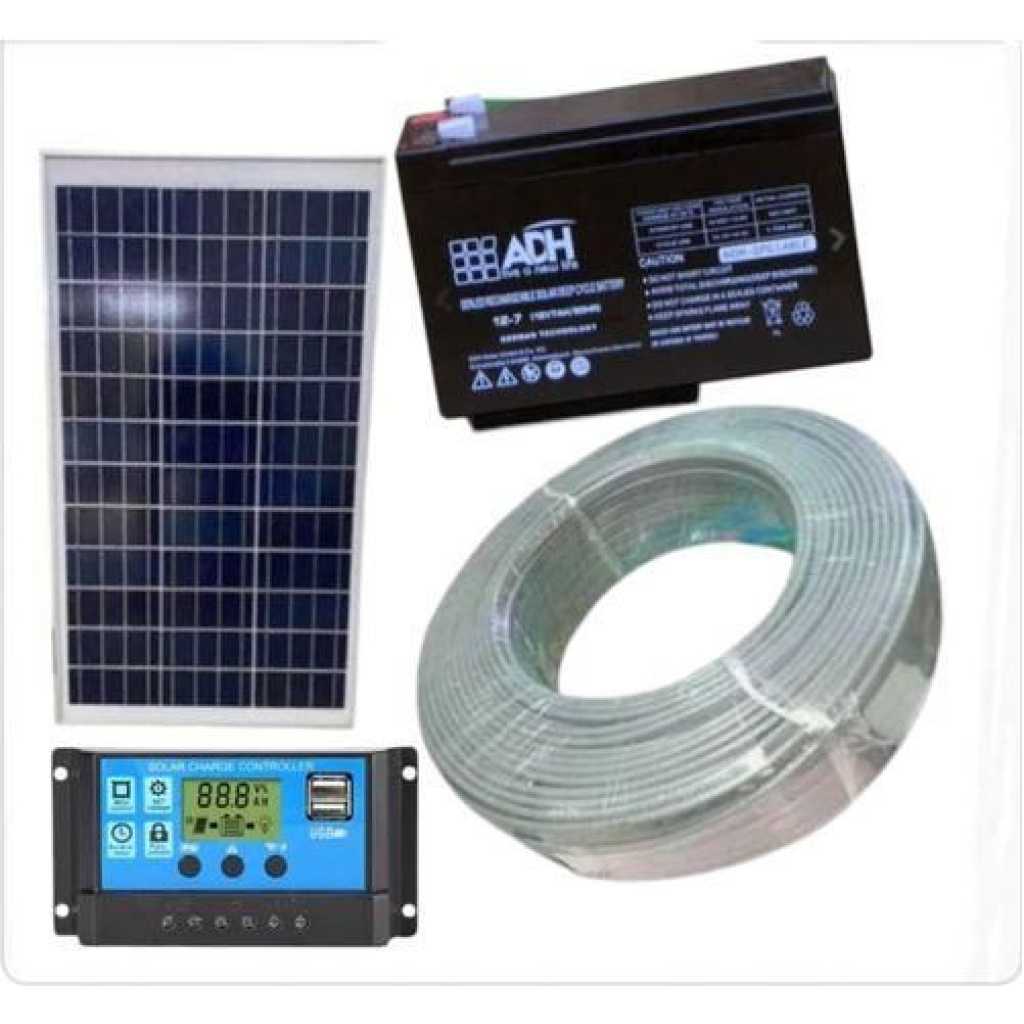 50W Solar Panel Kit + 24AH Solar Battery + 10AH Controller, 50M Cable Roll -Black