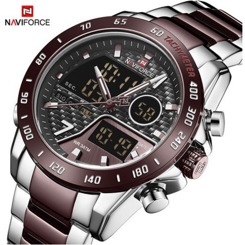 Naviforce Waterproof Stainless Steel Dual Watch - Silver Brown