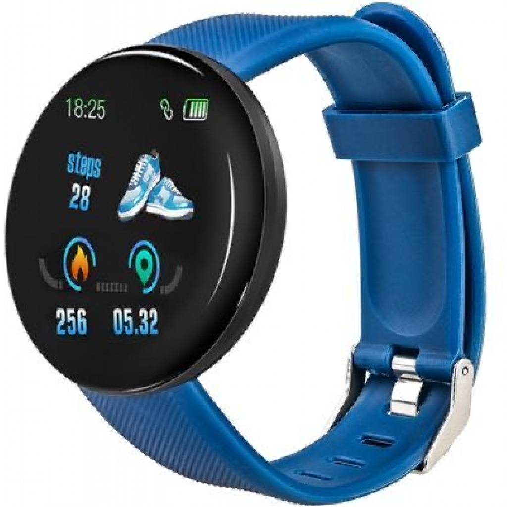 Water Proof Smart Watch D18 Clock Round Heart Rate Measure For Men & Women-Blue