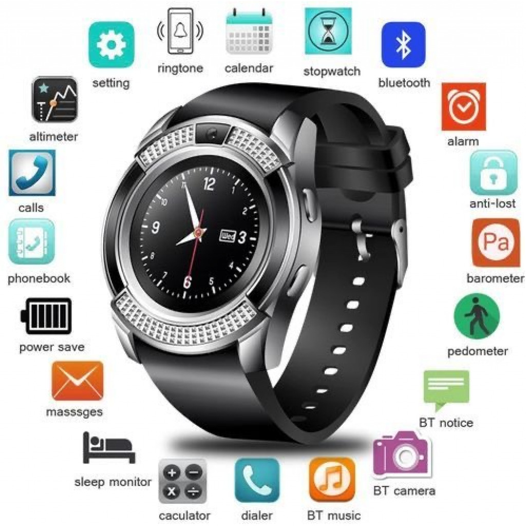 Bluetooth Smart Watch Fitness Pedometer. Monitor Tracker SD Card SIM Card-Black