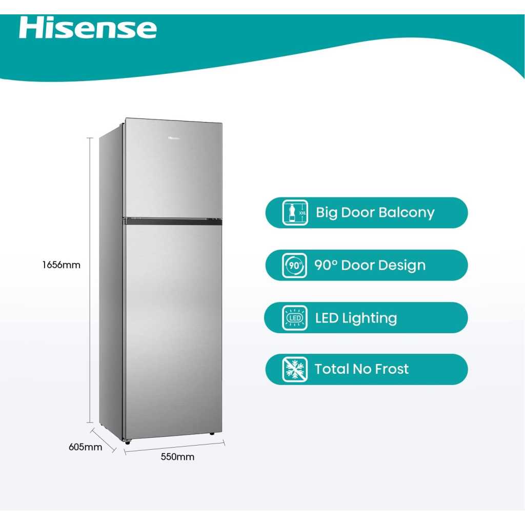 Hisense 328 - Litre Double Door Fridge, Top Mount Freezer 328L, Frost-free Refrigerator – RT328N4DGN