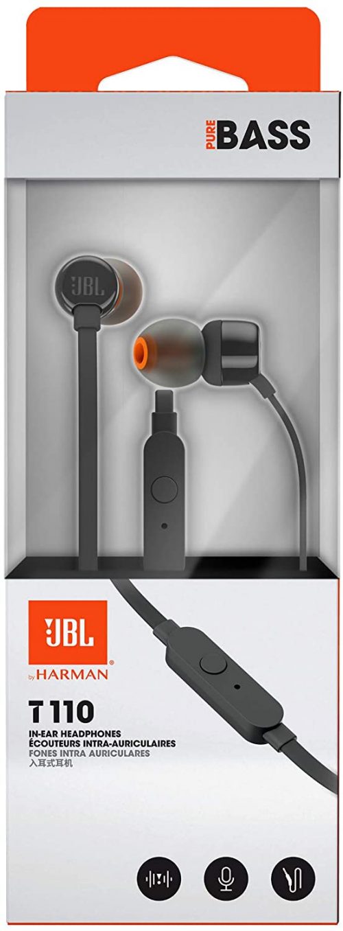 JBL T110 Headsets, Wired In-Ear Headphones With JBL Pure Bass Sound, Earphones By Herman - Black