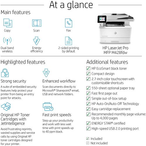 HP LaserJet Pro M428fdw Printer, Multifunction M428fdw Wireless Laser High Speed Smart Business Printer - White