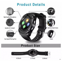 V8 Round Screen Bluetooth Smart Watch With Sim Toolkit - Black