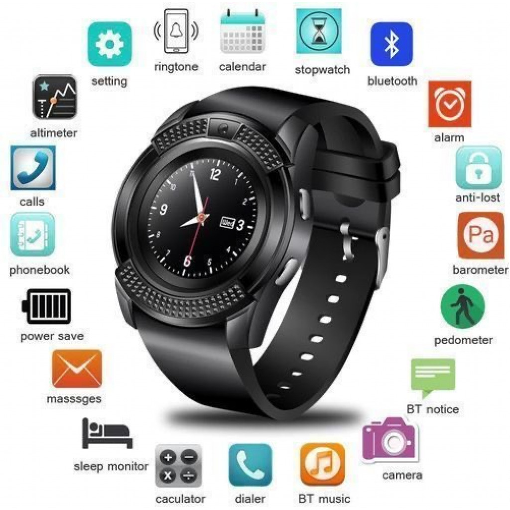 V8 Round Screen Bluetooth Smart Watch With Sim Toolkit - Black