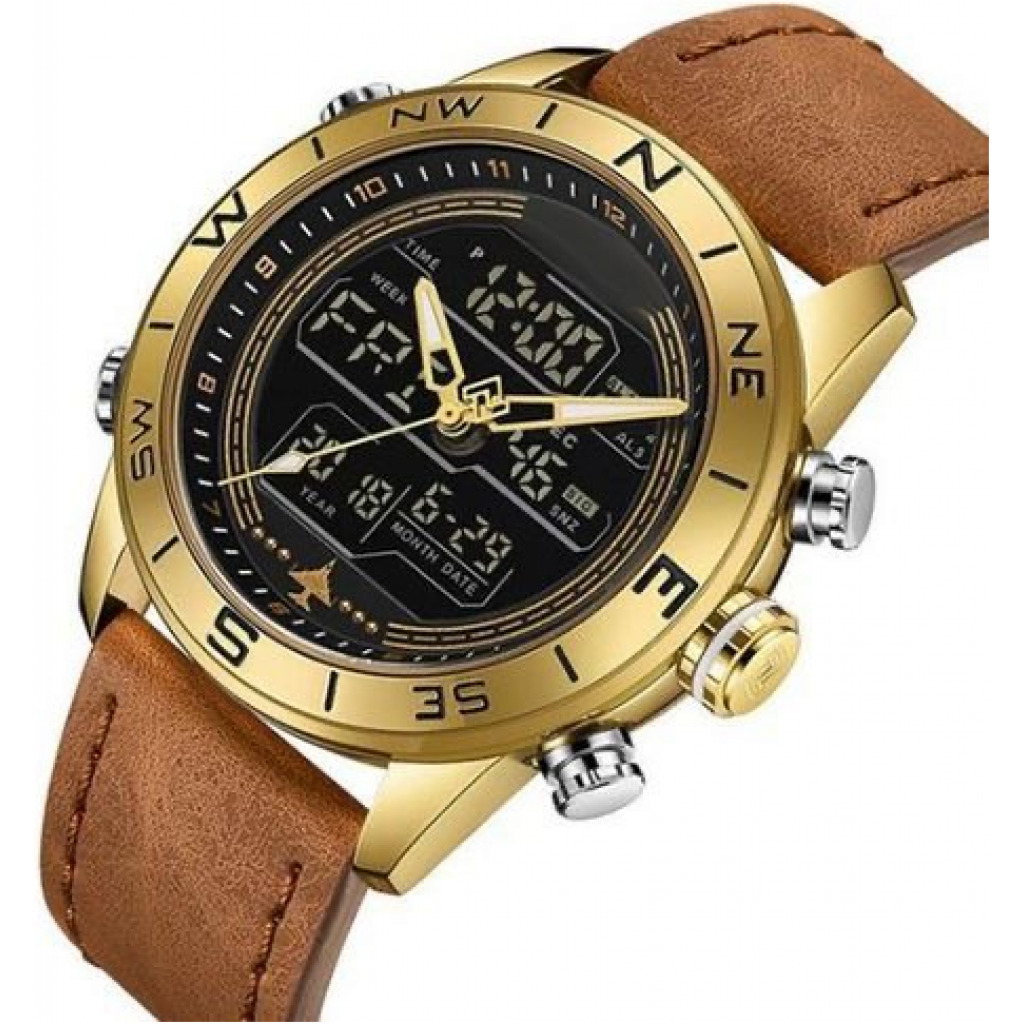 Naviforce Men's Leather Strapped Watch - Brown,Gold