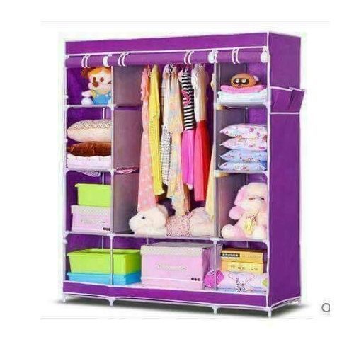 3 Column Cloth Wooden Frame Portable Wardrobe Purple TilyExpress Uganda