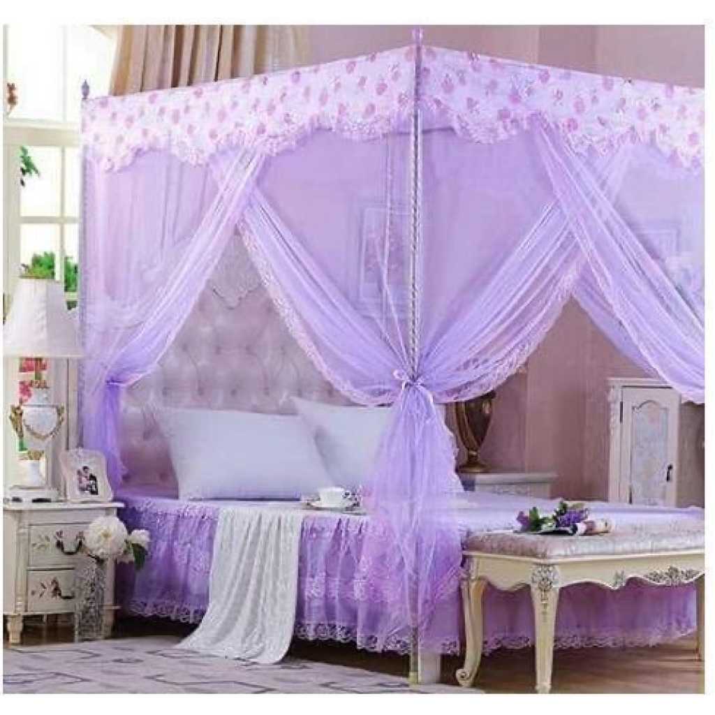 Flat Mosquito Net with 4 Metallic Poles - Purple top design may vary