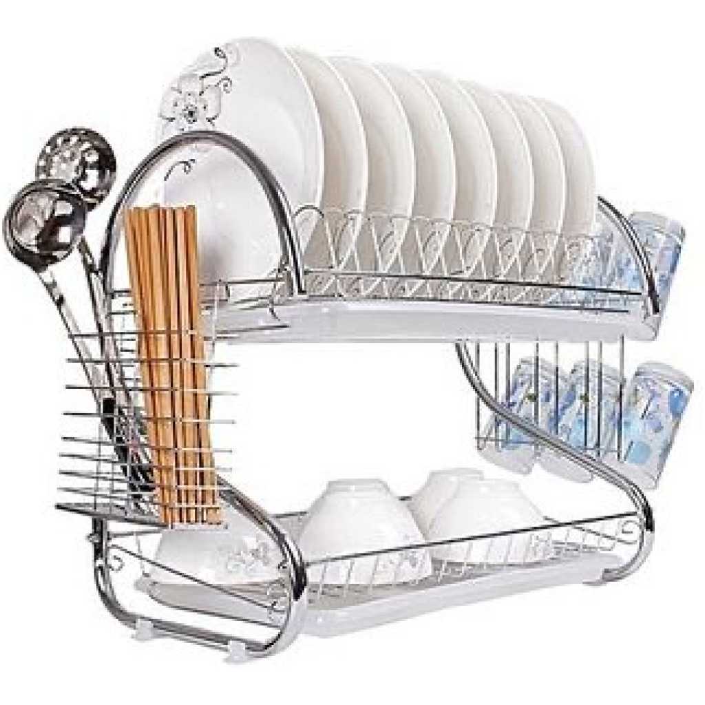 2 Tier Dish Drying Draining Rack Storage - Silver