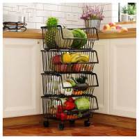 Metallic Pantry Storage Bin Rack Organizer Trolley (4 Baskets)Black.