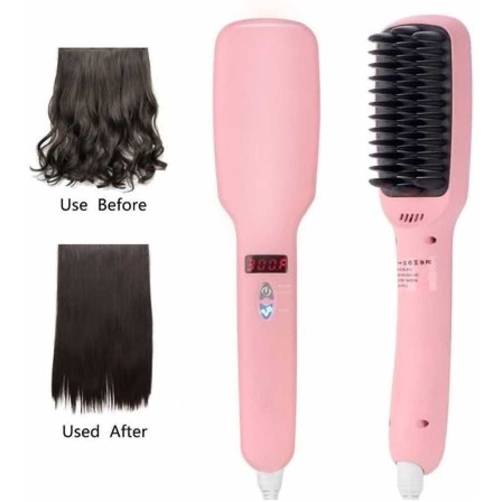 Ionic Hair Straightener Brush Comb 2 in 1 PTC Heating - Pink,Black