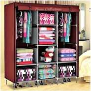 Home Fashion 3 Column Cloth & Wooden Frame Portable Wardrobe - Maroon