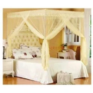 Steel Flat Mosquito Net With Pole Stands - Cream top design may vary