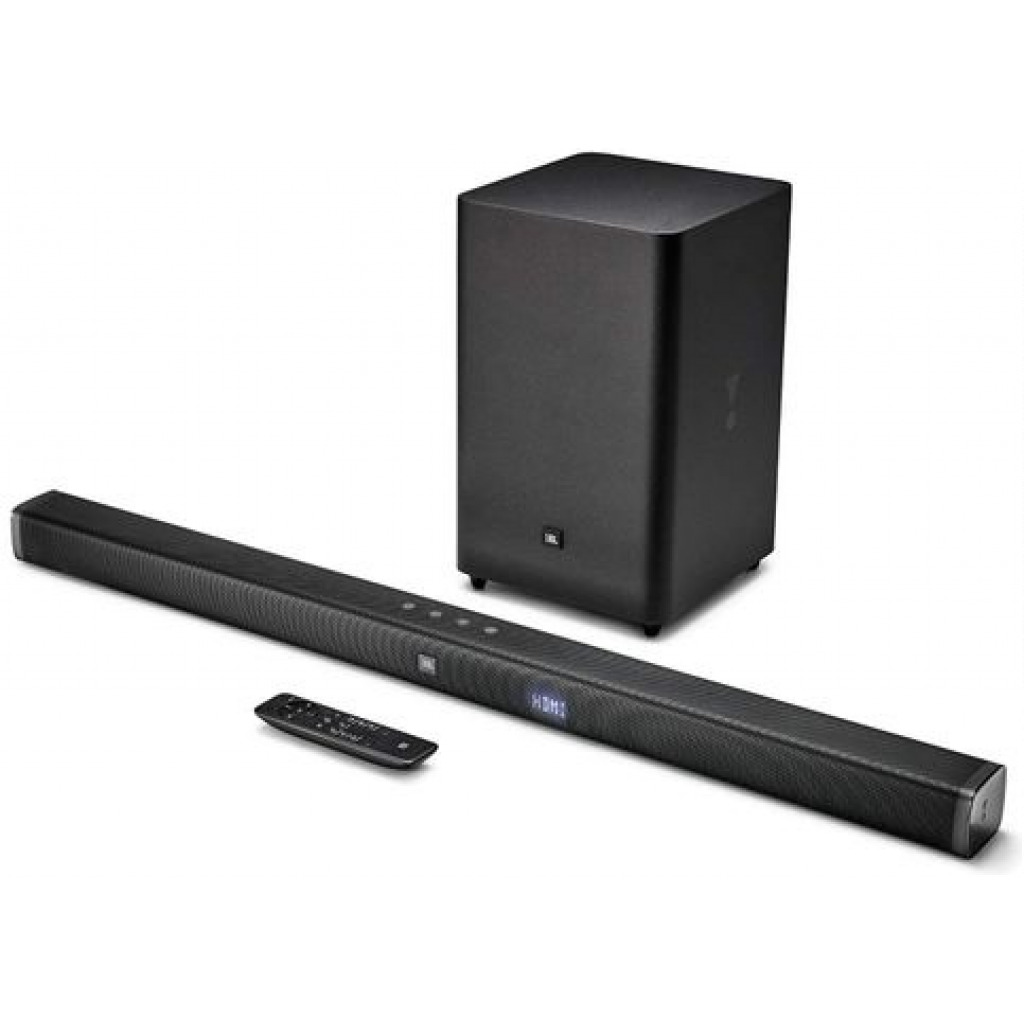 JBL Bar 2.1 Deep Bass, Dolby Digital Soundbar with Wireless Subwoofer for Extra Deep Bass, 2.1 Channel Home Theatre with Remote, JBL Surround Sound, HDMI ARC, Bluetooth & Optical Connectivity (300W)