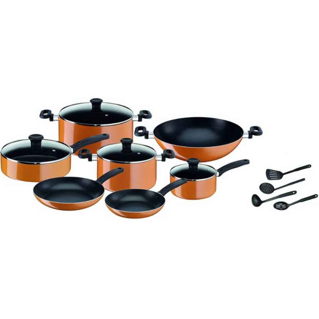 Tefal B168A474 10 Pieces Prima Cooking Set, Orange/Black, W 45.2 x H 37.4 x D 29.4 cm, Aluminum