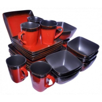 24 Piece Square Plates,Bowls,Cups Dinner Set,Red