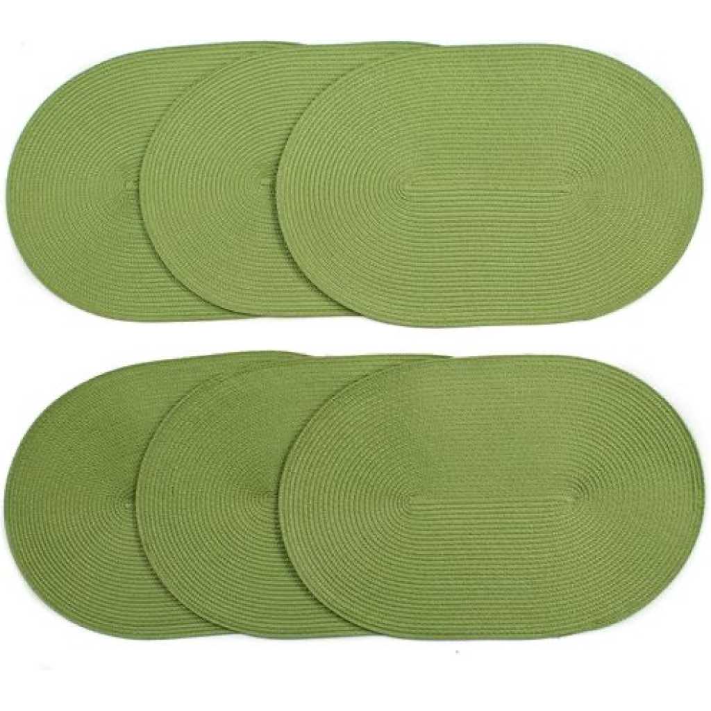 6 Pcs Of Oval Woven Table Mats - Green