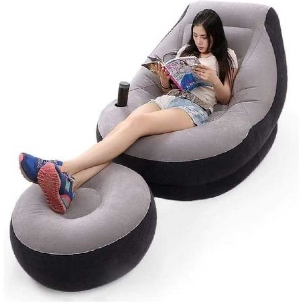 Intex Inflatable Flocking Air Chair With Footrest and Pump-Grey