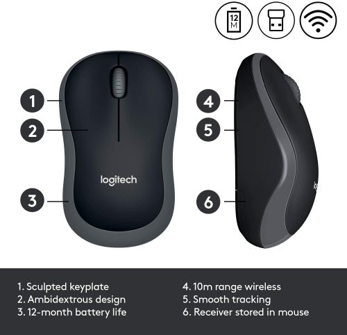 Logitech M185 2.4GHz Wireless Mouse with Mini USB Receiver, 12 Month Battery Life, 1000 DPI Optical Tracking, Ambidextrous Laptop, Swift Gray