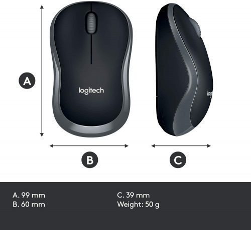 Logitech M185 2.4GHz Wireless Mouse with Mini USB Receiver, 12 Month Battery Life, 1000 DPI Optical Tracking, Ambidextrous Laptop, Swift Gray