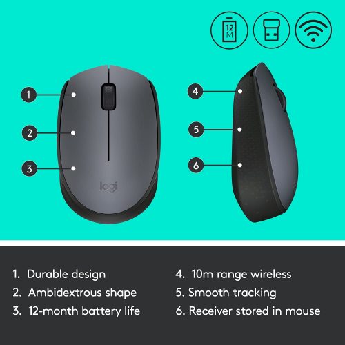 Logitech M170 Wireless Mouse, 2.4 GHz with USB Nano Receiver, Optical Tracking, 12-Months Battery Life, Ambidextrous, PC/Mac/Laptop - Black