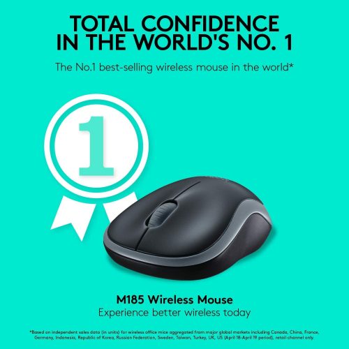 Logitech M185 2.4GHz Wireless Mouse with Mini USB Receiver, 12 Month Battery Life, 1000 DPI Optical Tracking, Ambidextrous Laptop, Swift Gray