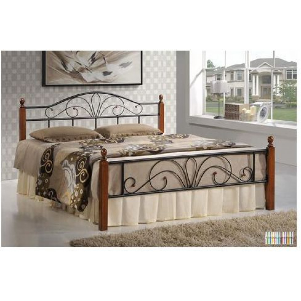 Metallic Bed with Wooden Stands - Brown, Black