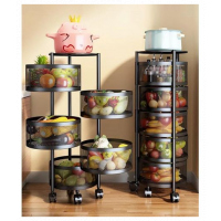 5 Tier Round Kitchen, Bedroom Storage Rack Basket Trolley Organizer-Black