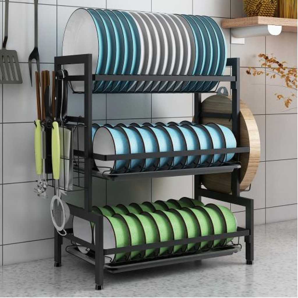 3 Tier Aluminum Plate Dish Drying Draining Rack Storage Organizer, Black