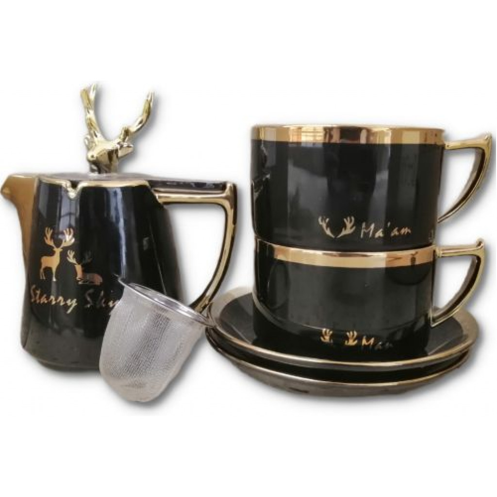 Breakfast Tea Pot & 2 Cup Saucers Gift Set, 2pcs -Black