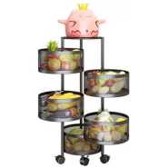 5 Tier Round Kitchen, Bedroom Storage Rack Basket Trolley Organizer-Black