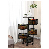 5 Tier Round Kitchen, Bedroom Storage Rack Basket Trolley Organizer-Black