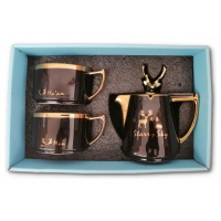 Breakfast Tea Pot & 2 Cup Saucers Gift Set, 2pcs -Black