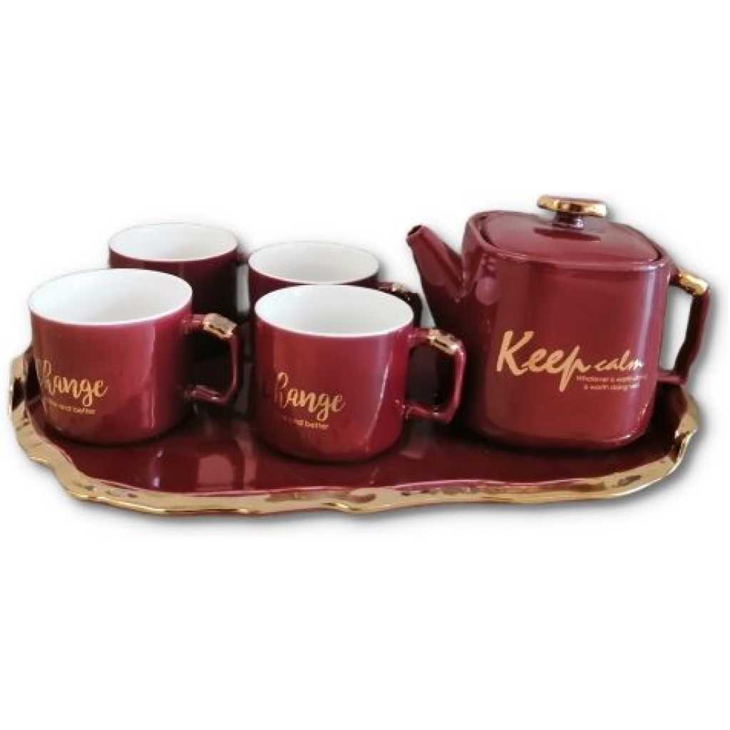 4 Pc Tea Coffee Mugs Cups, Teapot And Tray Set-Maroon