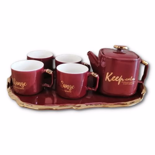 4 Pc Tea Coffee Mugs Cups, Teapot And Tray Set-Maroon