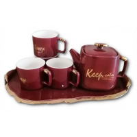 4 Pc Tea Coffee Mugs Cups, Teapot And Tray Set-Maroon