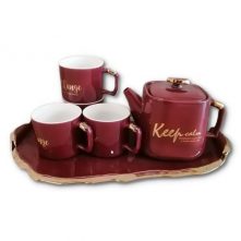 4 Pc Tea Coffee Mugs Cups, Teapot And Tray Set-Maroon