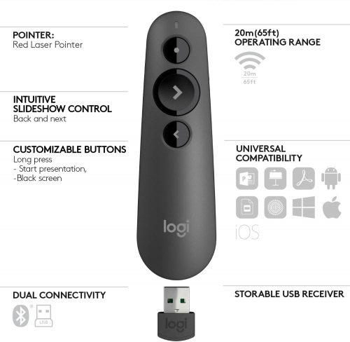 Logitech R500 Laser Presentation Remote Clicker with Dual Connectivity Bluetooth or USB for Powerpoint Wireless Presenter