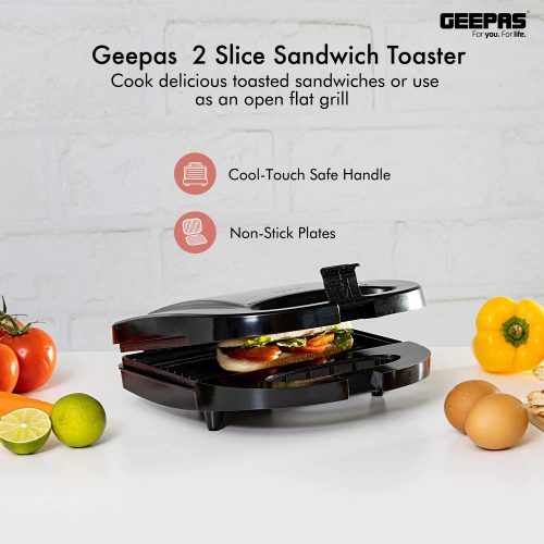 Geepas GGM6001, 2 Slice Sandwich Grill Maker, Grey Sandwich Makers & Panini Presses