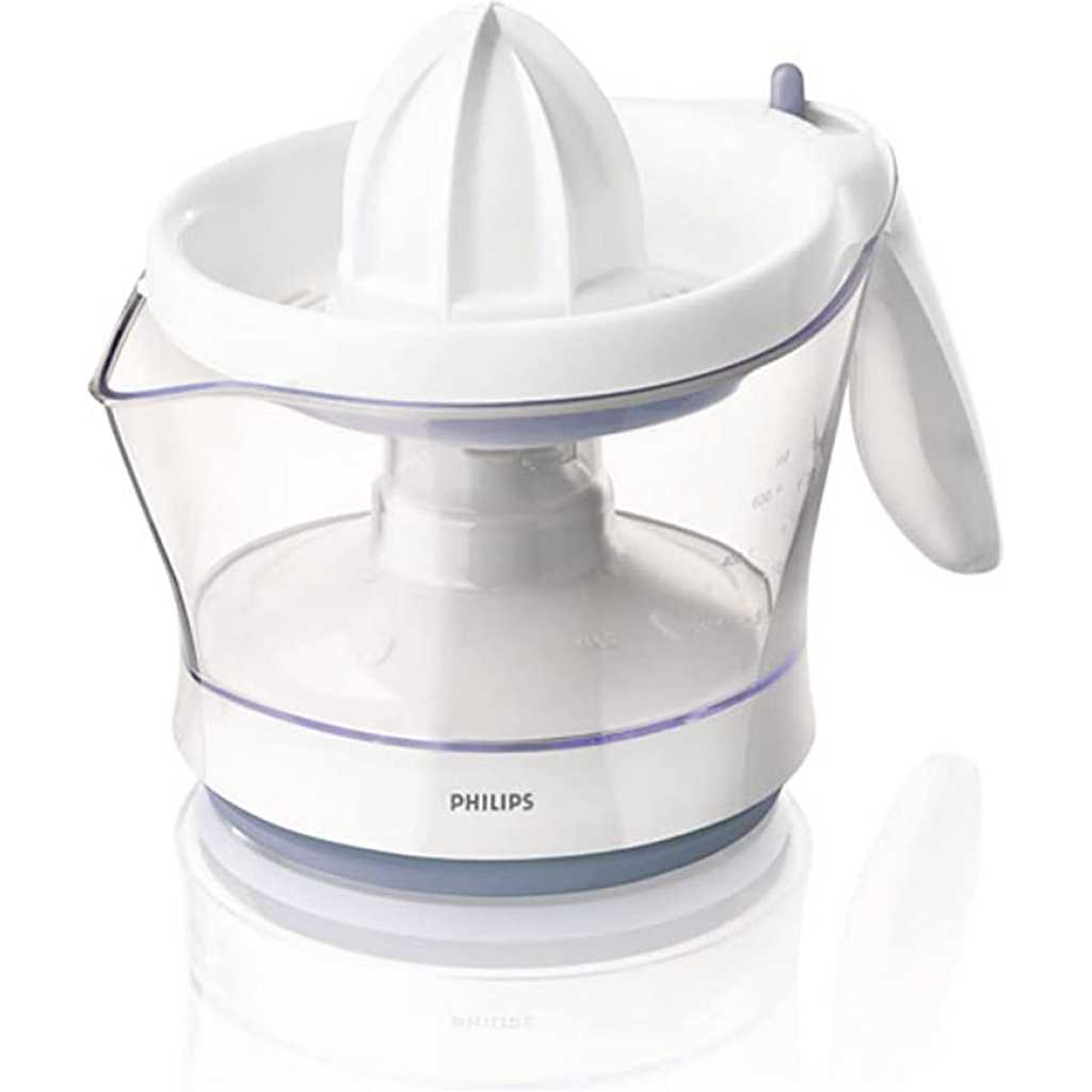 Philips HR2744 Viva Collection Citrus Juicer, Lemon & Orange Press, 0.6 Litre, 25 Watt, Bright White with Blue Accents