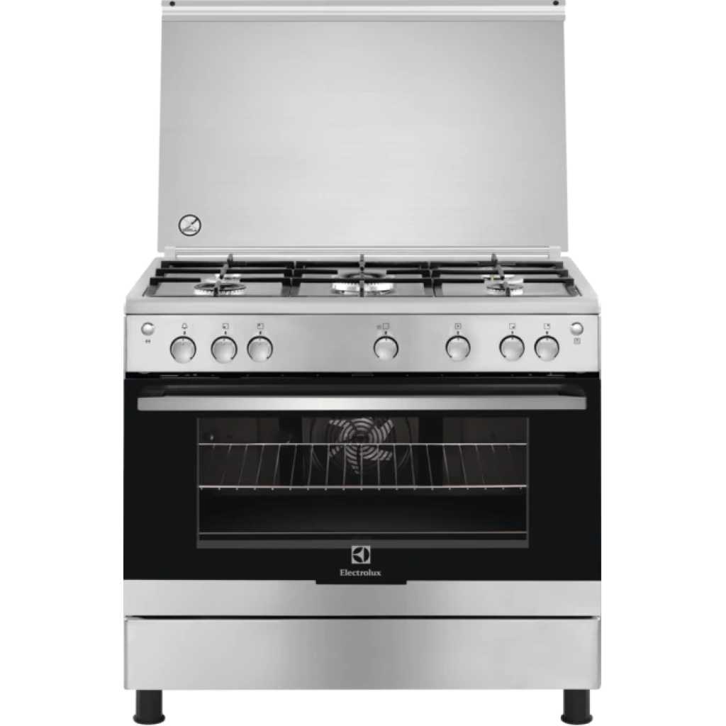 Electrolux Full Gas Cooker 90x60CM EKG9000a9X, 5-Gas Burners, Cast Iron Pan Support, Auto Ignition, Gas Oven & Grill, Flame Failure Protection Device, Rotisserie With Fan, Stainless Steel - Silver