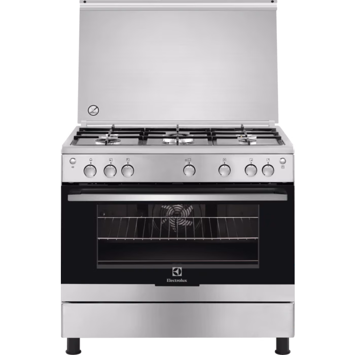 Electrolux Full Gas Cooker 90x60CM EKG9000a9X, 5-Gas Burners, Cast Iron Pan Support, Auto Ignition, Gas Oven & Grill, Flame Failure Protection Device, Rotisserie With Fan, Stainless Steel - Silver