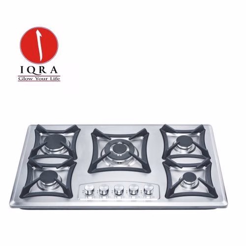 IQRA Built-in Gas Hob IQ-KH5207SS, 90x60cm, 5 Multipool Gas Burners, Auto Ignition, Flame Failure Device, Cast Iron Pan Supports - Stainless Steel