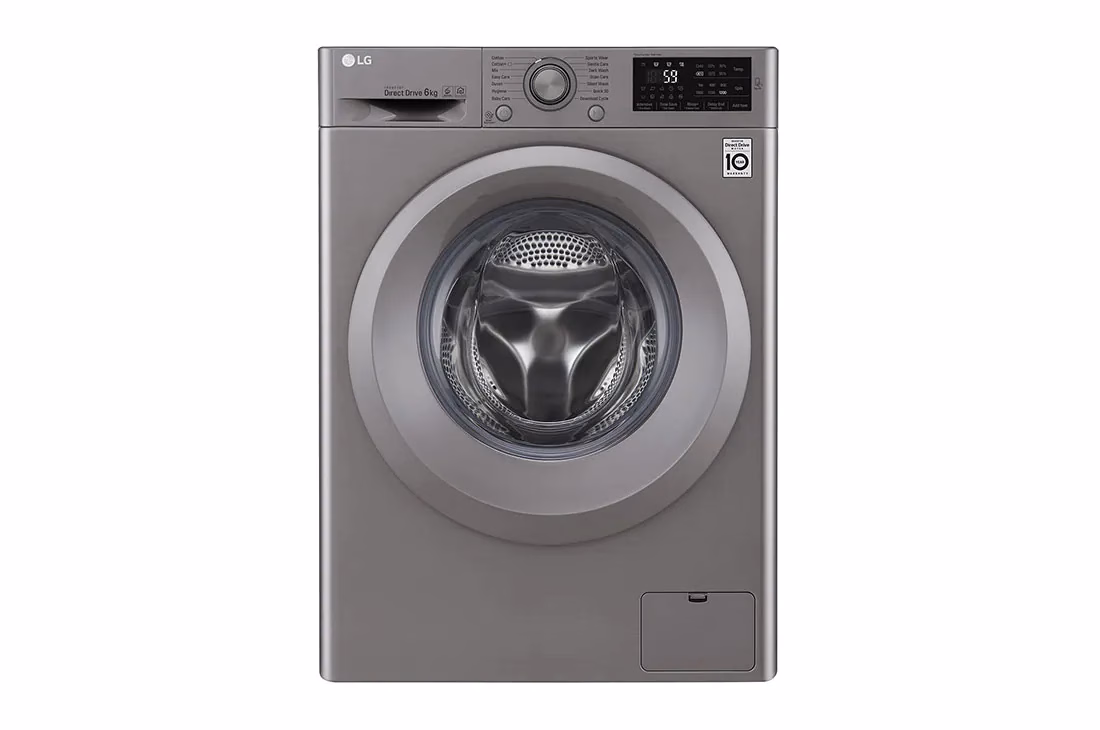 LG F2J5NNP7S Front Load Washer, 6 Kg, 6 Motion Direct Drive, Add Item, ThinQ Washing Machine - Silver