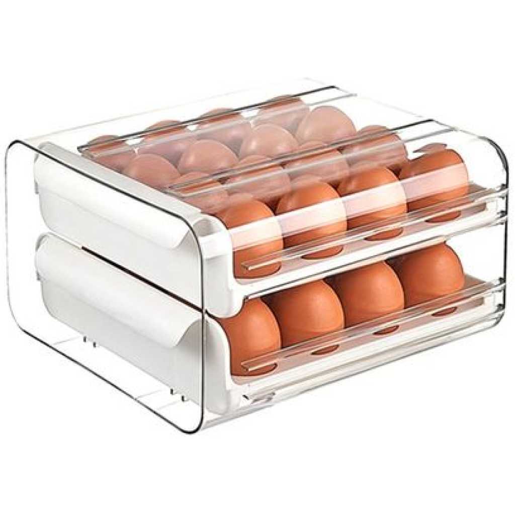 32 Eggs Tray Storage Box Double-deck Refrigerator Drawer, White