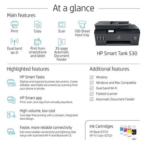 HP Smart Tank 530 Dual Band WiFi Colour Printer with ADF, Scanner and Copier for Home/Office, High Capacity Tank (18000 Black and 8000 Colour) with Automatic Ink Sensor, 35 Sheet ADF - Black
